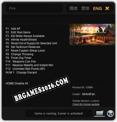 Trainer e cheats para Zory - 13 opções