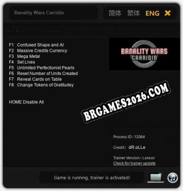 Trainer Banality Wars Carridin [PC] - 8 funções ativas