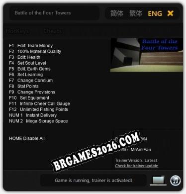 Trainer e cheats para Battle of the Four Towers - 14 opções
