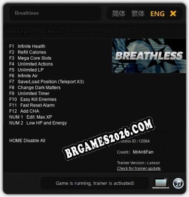Trainer e cheats para Breathless - 14 opções