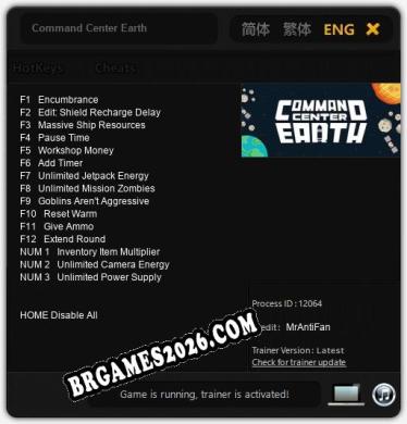 Command Center Earth: Trainer Atualizado v1.0 (todos os cheats)