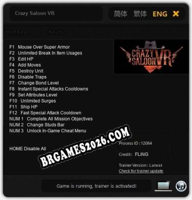 Trainer e cheats para Crazy Saloon VR - 15 opções