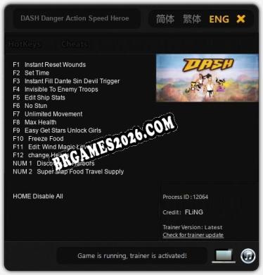 Trainer DASH Danger Action Speed Heroes [PC] - 14 funções ativas