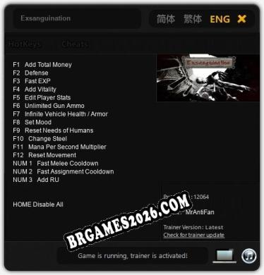 Trainer Exsanguination [PC] - 15 funções ativas