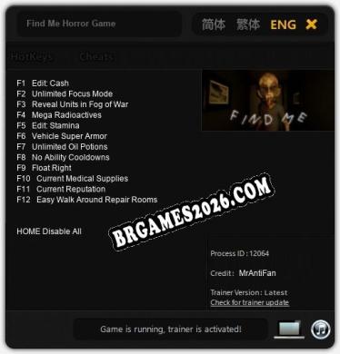 Cheats Find Me Horror Game - Trainer v1.1 por MrAntiFan