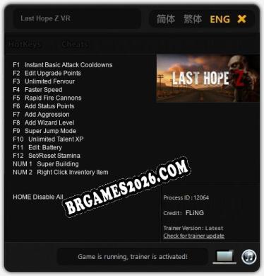 Trainer Last Hope Z VR [PC] - 14 funções ativas