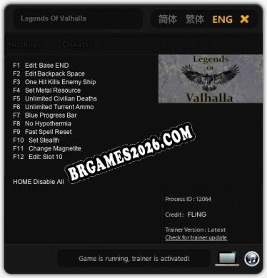 Trainer e cheats para Legends Of Valhalla - 12 opções