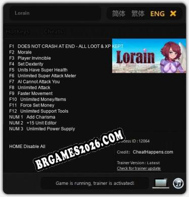 Lorain: Trainer Atualizado v1.5 (todos os cheats)
