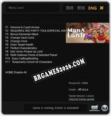 Trainer e cheats para Mana Land - 11 opções