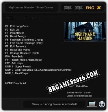 Nightmares Mansion Scary Dreams: Trainer Atualizado v1.7 (todos os cheats)