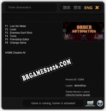Order Automatica: Trainer Atualizado v1.1 (todos os cheats)