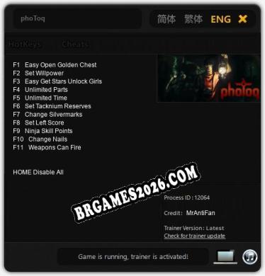 Trainer e cheats para phoToq - 11 opções
