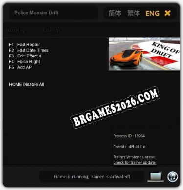 Police Monster Drift: Trainer Atualizado v1.2 (todos os cheats)