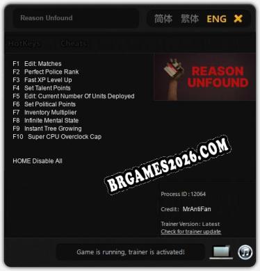 Trainer Reason Unfound [PC] - 10 funções ativas