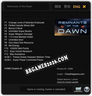 Trainer Remnants of the Dawn [PC] - 14 funções ativas