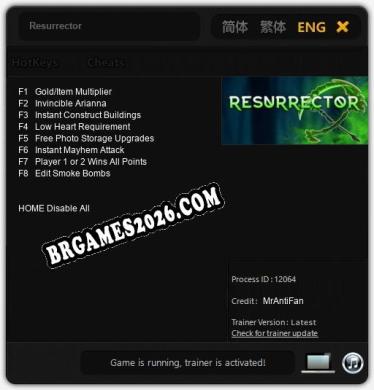 Trainer e cheats para Resurrector - 8 opções
