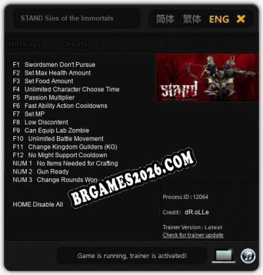 STAND Sins of the Immortals - Trainer Funcional +15 funções