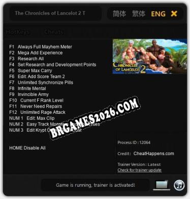 The Chronicles of Lancelot 2 The Adventure to Avalon: Trainer Gratuito (+15 cheats)