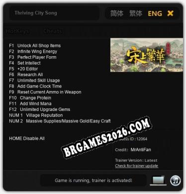 Trainer e cheats para Thriving City Song - 14 opções