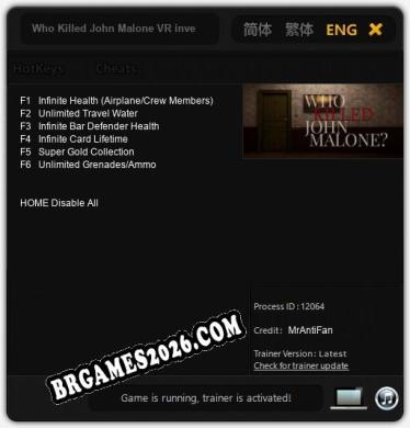Who Killed John Malone VR investigation game: Trainer Gratuito (+6 cheats)